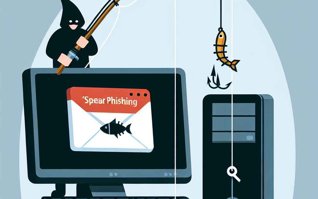 "Illustration depicting a hacker using spear phishing tactics to target individuals, showcasing a computer screen with a fraudulent email and phishing elements, emphasizing the risks of personalized cyber attacks."