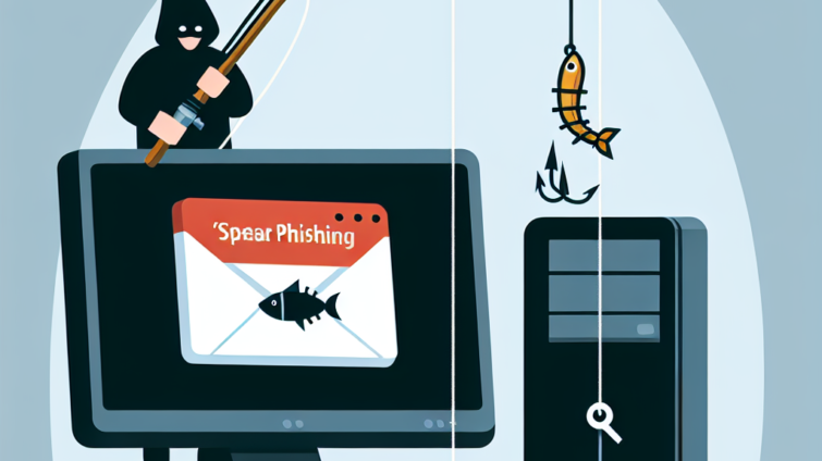 "Illustration depicting a hacker using spear phishing tactics to target individuals, showcasing a computer screen with a fraudulent email and phishing elements, emphasizing the risks of personalized cyber attacks."