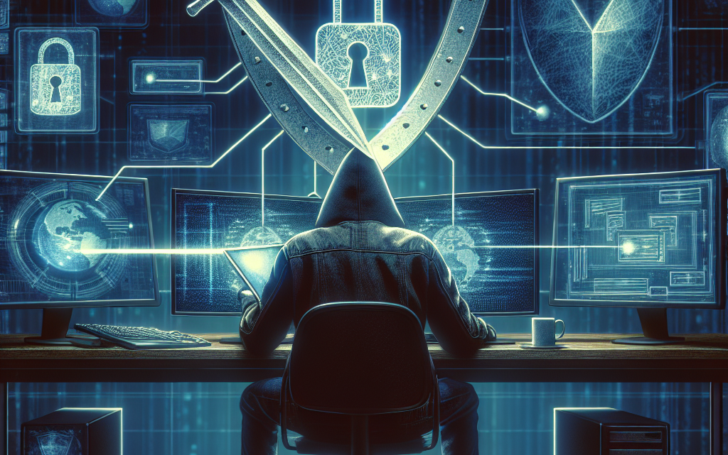 "Illustration depicting hackers exploiting VPN vulnerabilities, showcasing a digital landscape with masked figures and a breached virtual private network connection, highlighting cybersecurity threats."